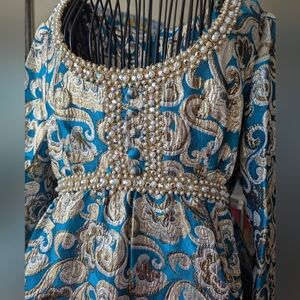 I Magnun Kasper Long-Sleeve Blue and Silver Brocade Maxi Dress